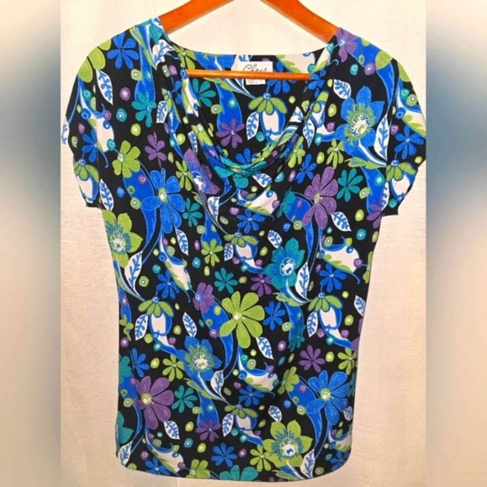 M Chaus New York Waterfall Neckline Blouse Floral Print Jersey Stretch